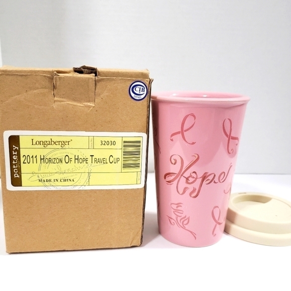 Longaberger Travel Cup Horizon of Hope Pink Ceramic Coffee Tea Mug with Lid - Picture 2 of 8